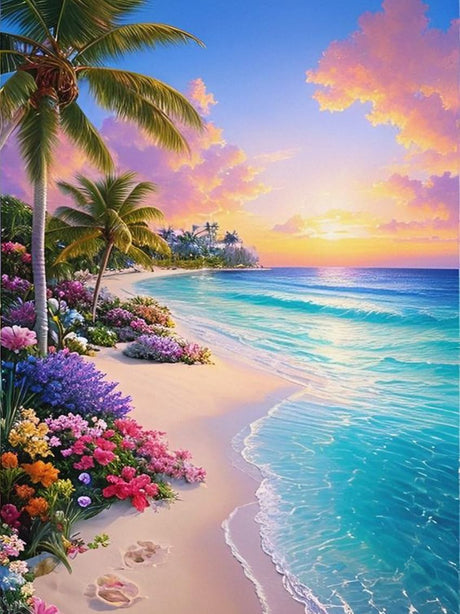 eniref Diamond Art Kits for Adults,Beach Sunset DIY 5D Round Full Drill Diamond Painting Gem Art Kits for Crafts Gift and Home Wall Decor,Flowers Coconut Trees Sea Diamond Dots Kit 12x16 Inch eniref