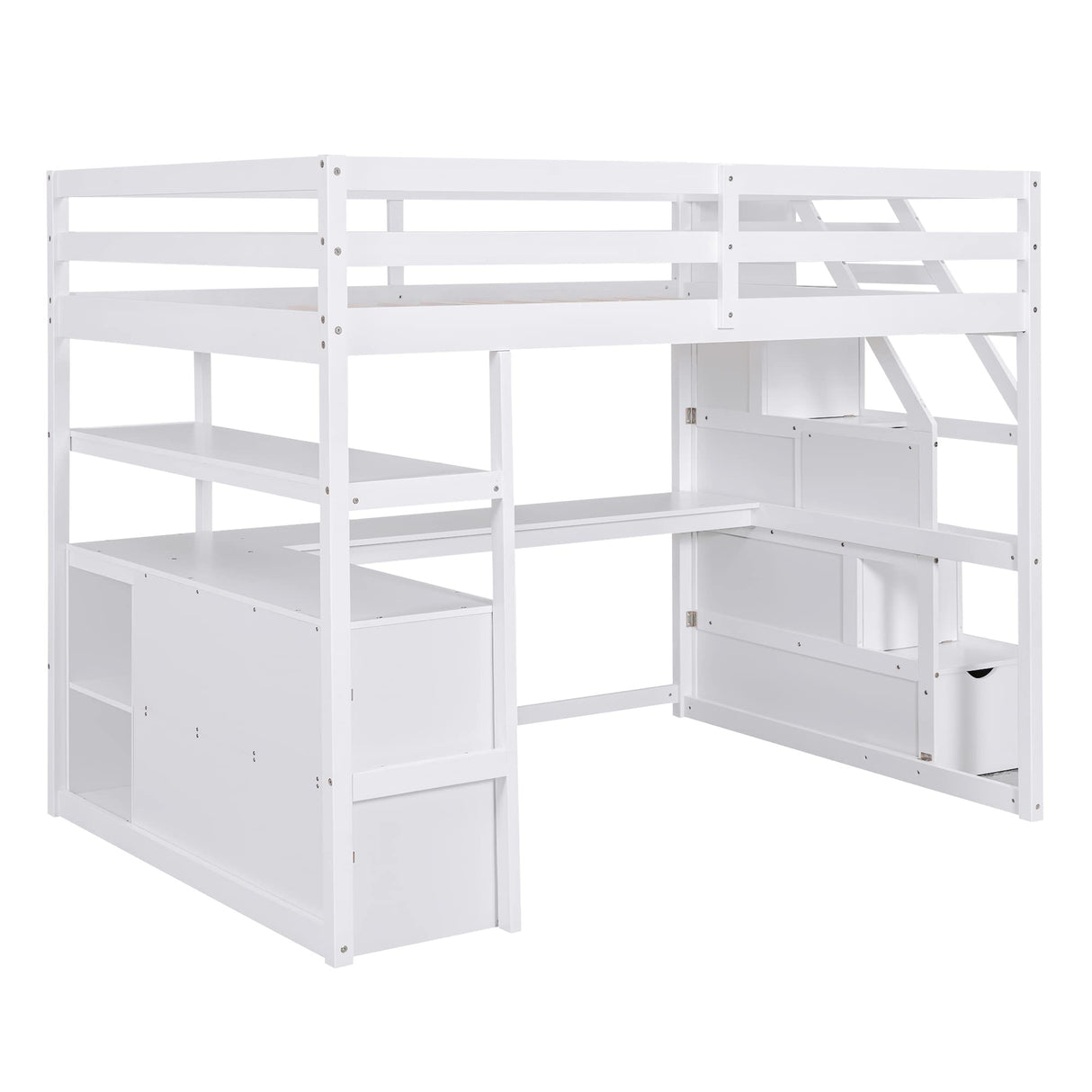 SOFTSEA Multi-Functional Full Loft Bed with Desk, Stairs, and Storage in White SOFTSEA