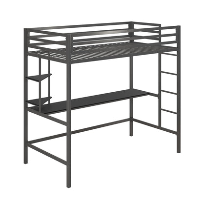 Novogratz Maxwell Grey Metal Twin Loft Bed with Integrated Desk & Shelves - WoodArtSupply