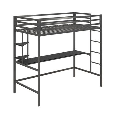 Novogratz Maxwell Grey Metal Twin Loft Bed with Integrated Desk & Shelves