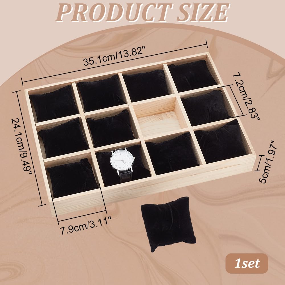 PH PandaHall 12 Slot Wooden Watch Organizer Tray Display Holder with Removable Velvet Pillows, Stackable Jewelry Bracelet Storage Tray for Drawer Showcase, Black PH PandaHall