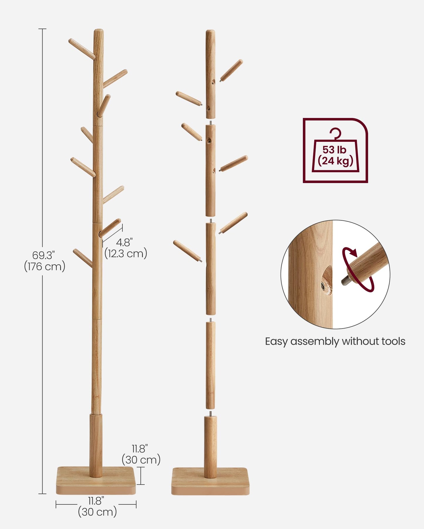 VASAGLE Solid Wood Coat Rack, Free Standing Hall Coat Tree with 8 Hooks, 3 Height Options, for Coats, Hats, Bags, Purses, for Entryway, Hallway, Rubberwood Hooks and Pole, Natural Beige URCR010N01