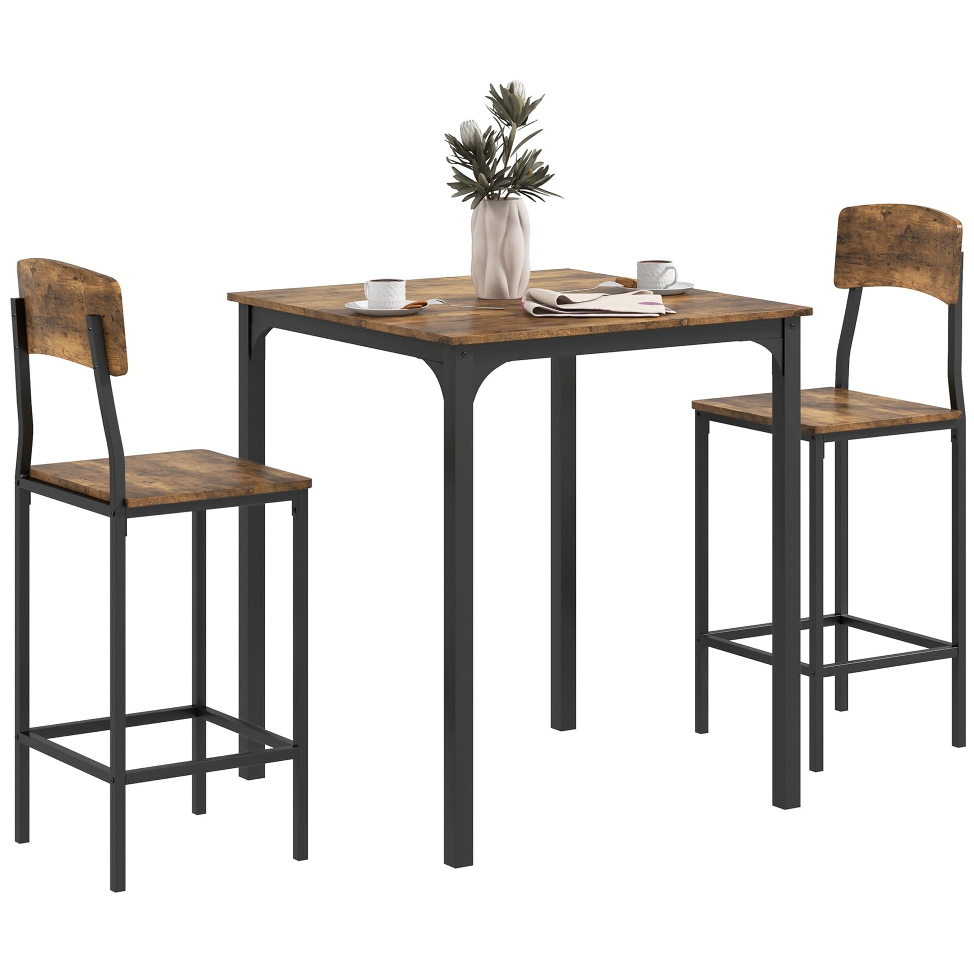 HOMCOM Industrial 3-Piece Counter Height Bar Table Set with Stools in Rustic Brown and Black - WoodArtSupply