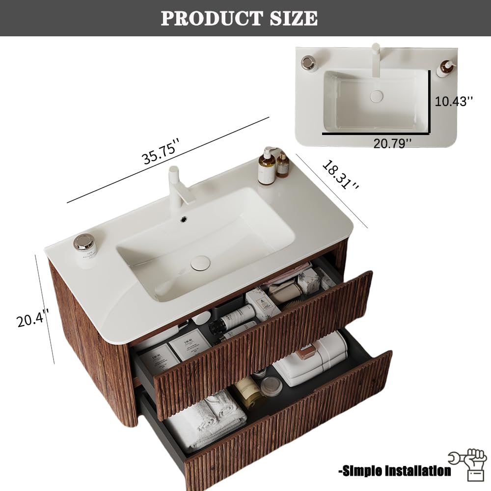 36" Bathroom Vanity with Sink, Modern Floating Vanity with 2 Push Close Soft Close Drawer, Ceramic Basin with Sink Hole Cover and Drain, Oak & Plywood-Bruges, Retro Walnut RAINLUX