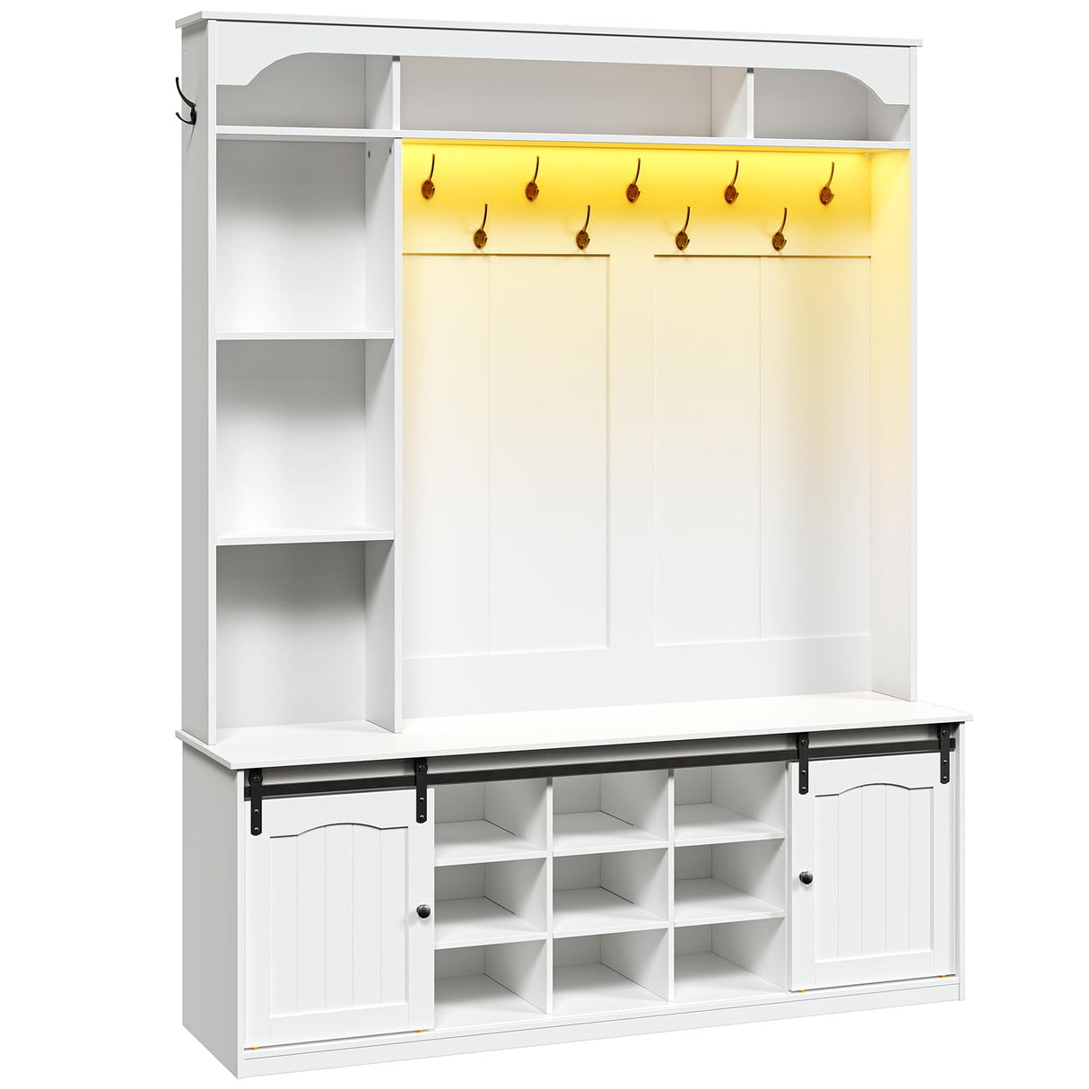 HOOBRO Hall Tree with Bench, 59" Entryway Bench with Coat Rack and Shoe Cabinet, LED Farmhouse Hall Tree with Shoe Storage, 13 Shoe Cubbies and Barn Doors, Wooden, Mud Room, White WT190DMT01 HOOBRO