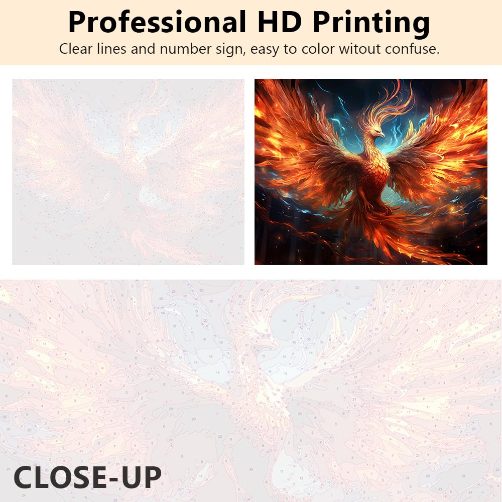 TUMOVO Paint by Number Flying Bird with Fire Paint by Number for Adults, Phoenix Oil Painting Kit, Mythological Animal Acrylic Painting Set with Brushes and Pigment, 16x20 Inch TUMOVO