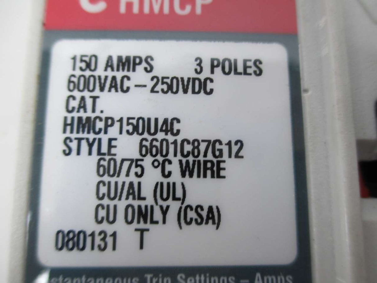 Eaton HMCP150U4C Circuit Breaker,150A,3P,600VAC,HMCP Eaton