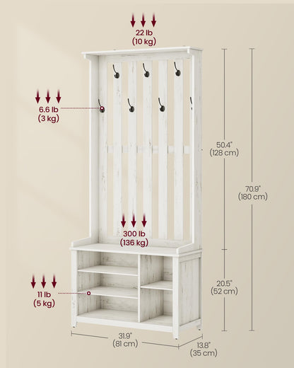 VASAGLE Hall Tree with Bench and Shoe Storage, Coat Rack with Shoe Bench, 7 Double Hooks for Jackets, Hats, Entryway, Bedroom, Living Room, 13.8 x 31.9 x 70.9 Inches, Rustic White UHSR414W01