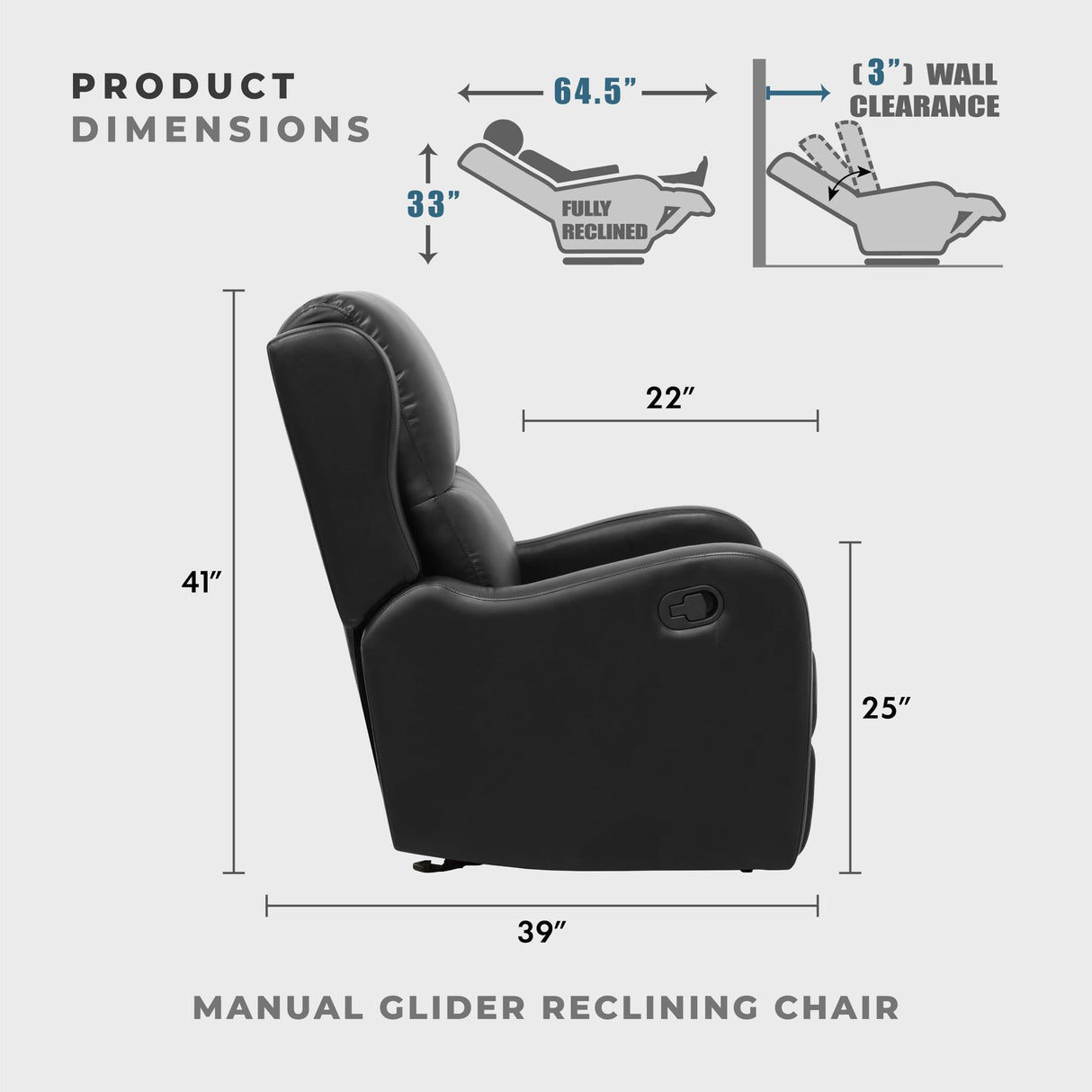 Lexicon Manual Glider Recliner Chair, Reclining Sofa Chair, Home Theater Seating, Manual Glider Recliner for Living Room/Office/Apartment, Easy Assembly, Black Faux Leather Lexicon