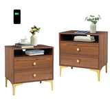 AILEEKISS Nightstands Set of 2 with Wireless Charging Function Wooden Night Stands 2 Sets with Drawers and Open Shelf Storage End Table Home Bedside Table for Bedroom (Brown 2 Sets) AILEEKISS