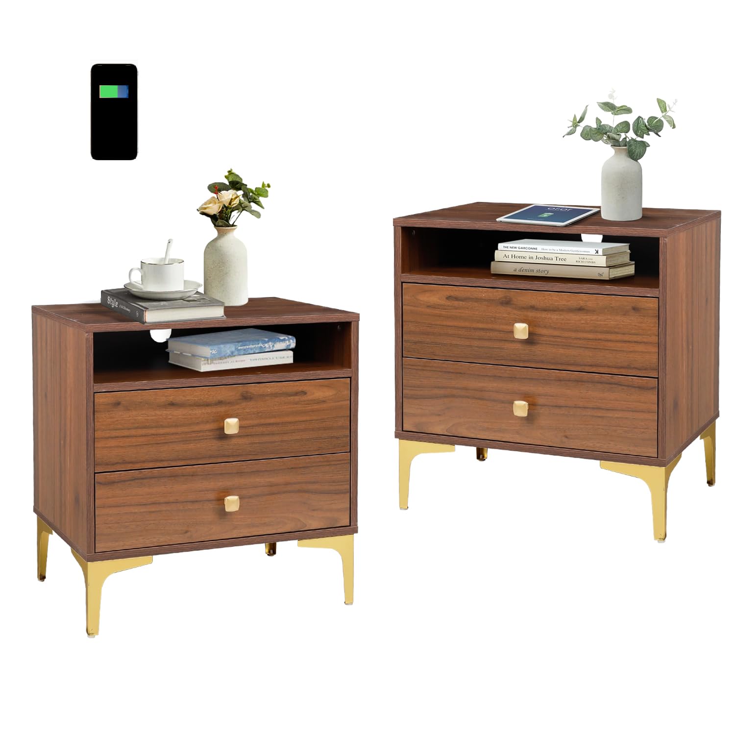 AILEEKISS Nightstands Set of 2 with Wireless Charging Function Wooden Night Stands 2 Sets with Drawers and Open Shelf Storage End Table Home Bedside Table for Bedroom (Brown 2 Sets) - WoodArtSupply