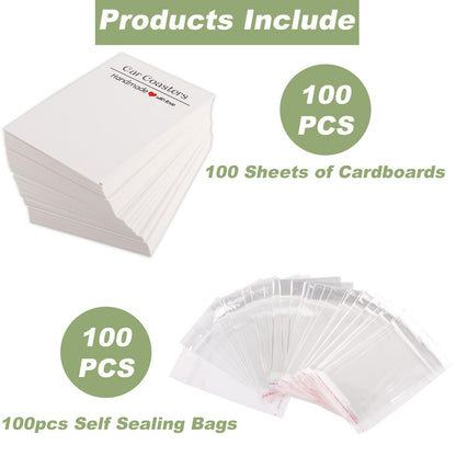 100 Sets Car Coaster Packaging, Includes 100pcs Car Coasters Display Cards & 100pcs Self Sealing Cellophane Bags, Sublimation Coaster Packaging for Selling Car Coasters (Single Pack)