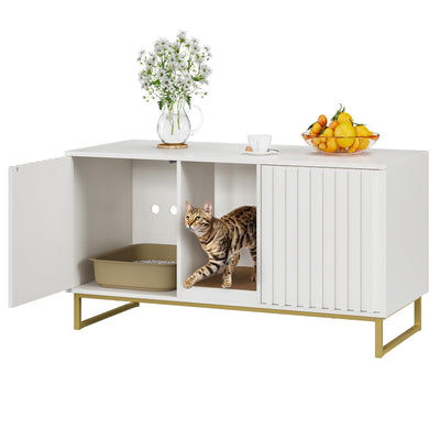 Cat Litter Box Enclosure for 2 Cats, 47.6’’ Litter Box Furniture Hidden with Scratch Pad, Double Room Large Cat Cabinet, Indoor Pet House TV Stand Side Table,Cats Washroom, White