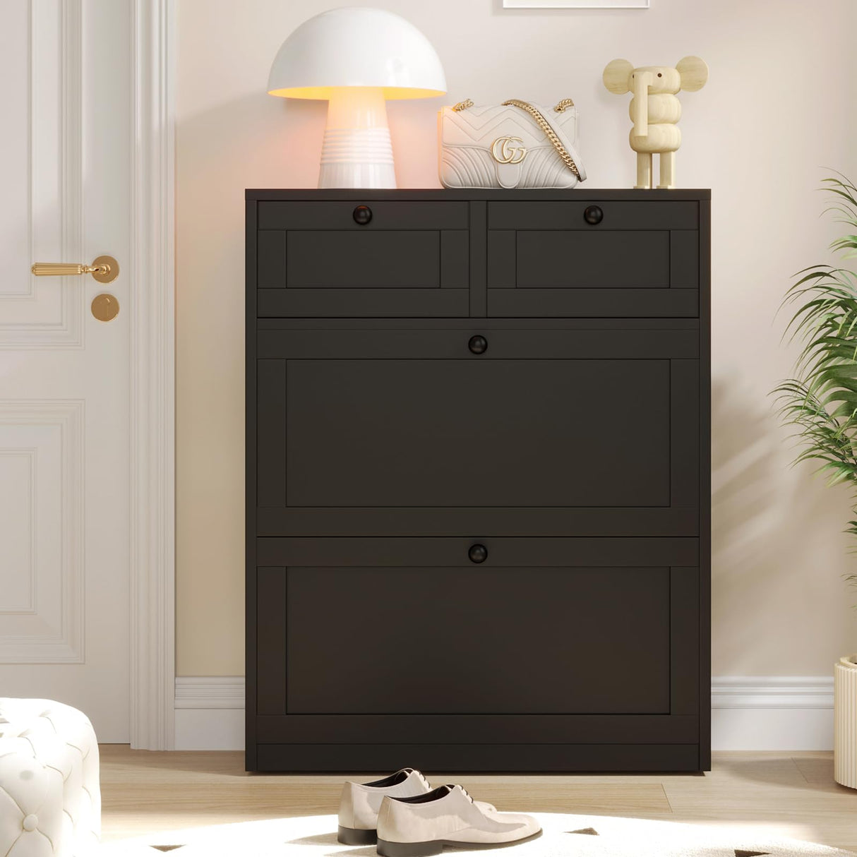 VOWNER Shoe Cabinet with 2 Flip Drawers & 2 Drawers, Freestanding Shoe Storage Cabinet with Adjustable Shelves, Shoe Organizer for Entryway, Hallway, Living Room (Black) VOWNER