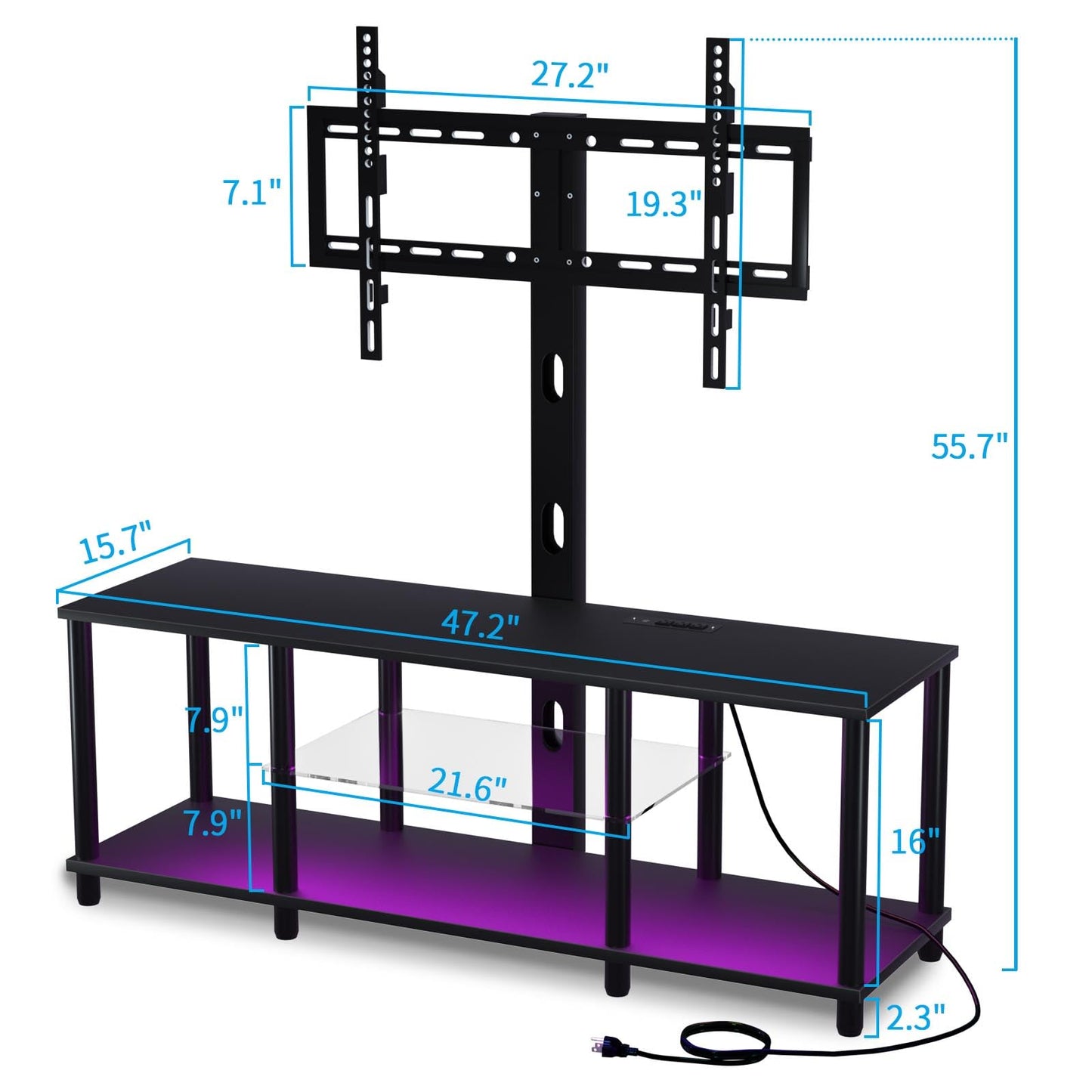 TV Stand with Mount and Led Light，Black TV Stand with Power Outlets for 32/40/43/50/55/60/65/70 Inch TV,Entertainment Center with Open Storage Shelf for Bedroom/Living Room/Office