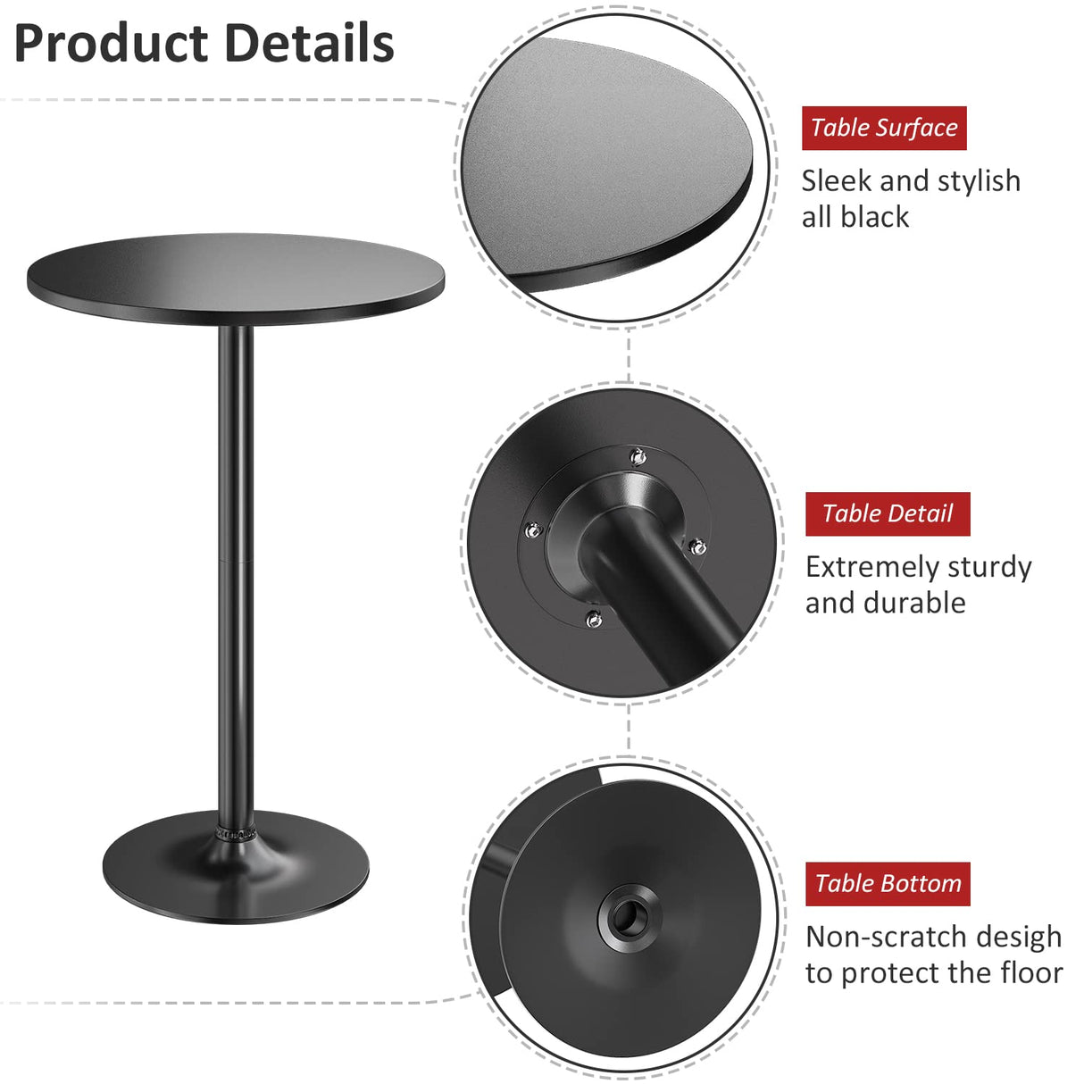 Furmax Bistro Pub Table Round Bar Height Cocktail Table Metal Base MDF Top Obsidian Table with Black Leg 23.8-Inch Top, 39.5-Inch Height (Black) Furmax