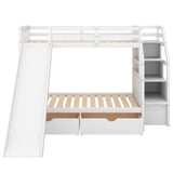 Twin Over Full Bunk Bed with Stairs, Slide & Storage Drawers in White Bellemave