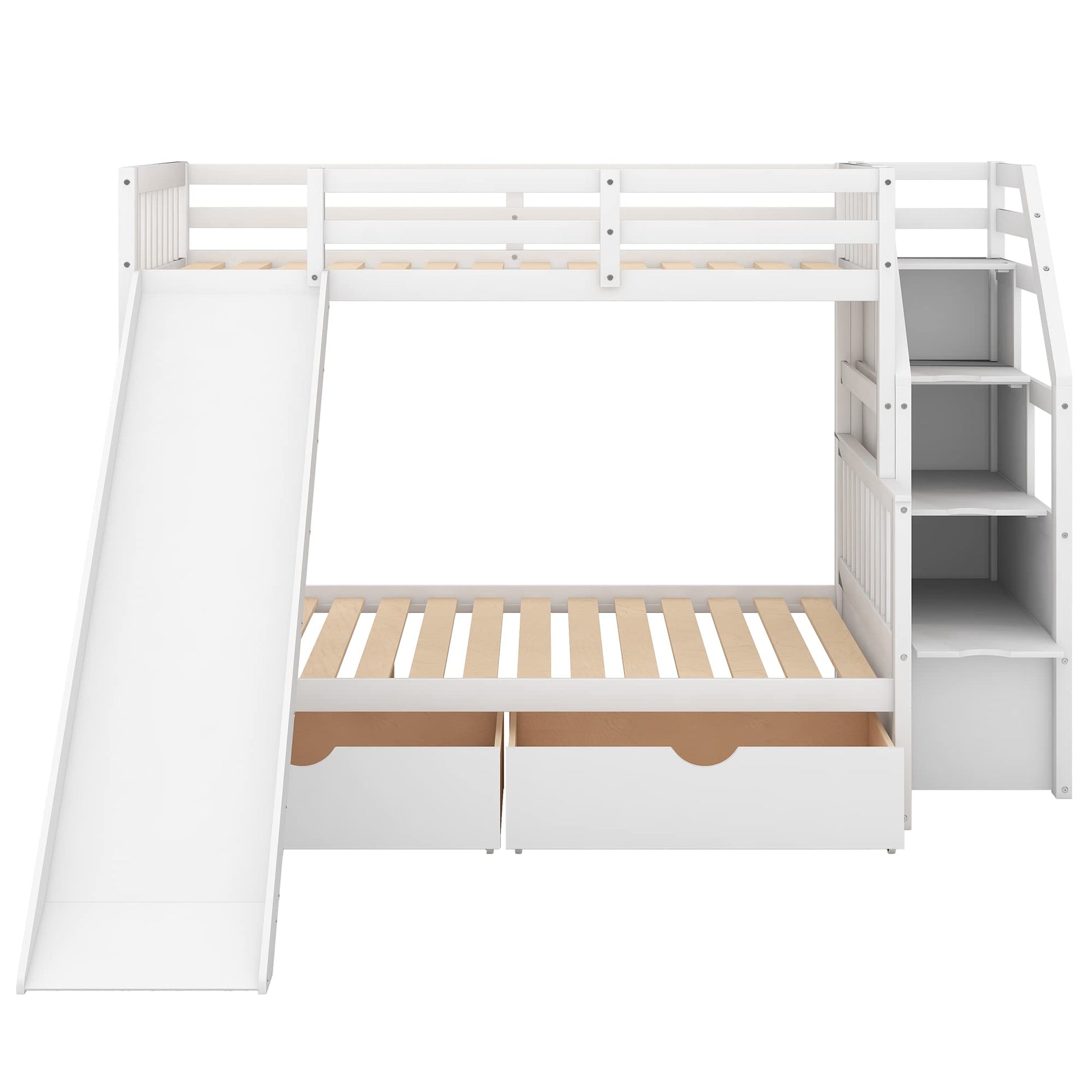 Twin Over Full Bunk Bed with Stairs, Slide & Storage Drawers in White - WoodArtSupply