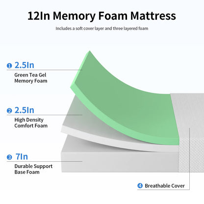 12 Inch Green Tea Full Size Memory Foam Mattress,Bed-in-a-Box Medium Firm Mattress CertiPUR-US Certified Breathable Bed Mattress for Cooler Sleep Supportive & Pressure Relief,Full