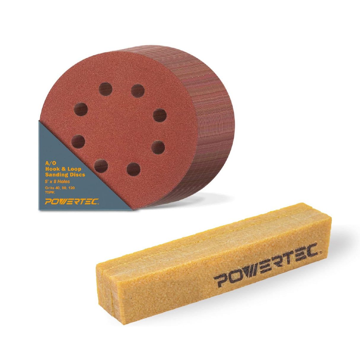 POWERTEC 75PK, 40/80/120 Grits, 5 Inch 8 Hole Hook and Loop Sanding Discs w/Cleaning Stick, Aluminum Oxide Sandpaper Discs, Woodworking Sanding Pads for Random Orbital, Air, DA Sander (45055) POWERTEC
