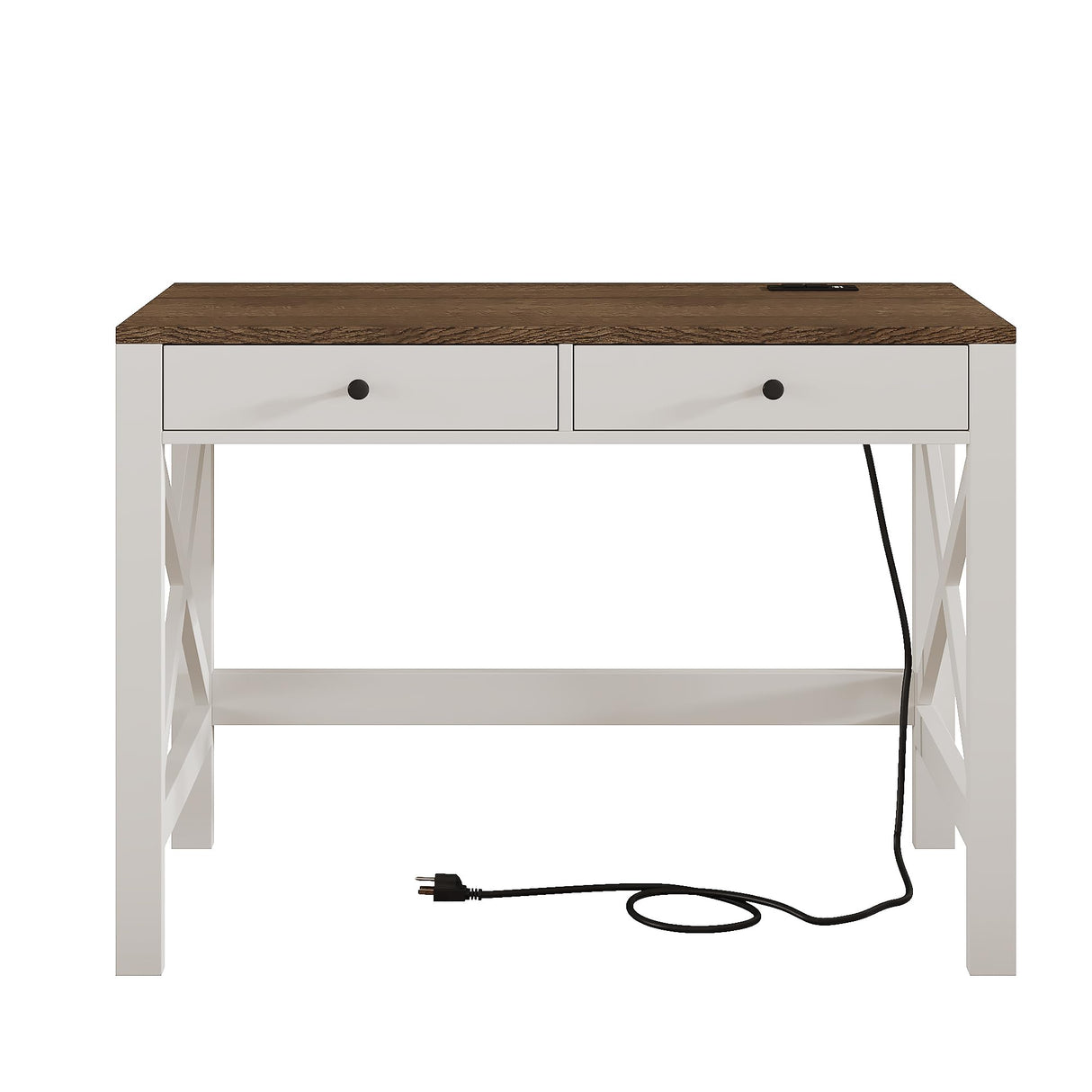 ChooChoo Farmhouse Desk with USB Charging Ports and Power Outlets, 39" Computer Desk with Drawers, Small Study Writing Table with Stable X Frame for Home Office ChooChoo