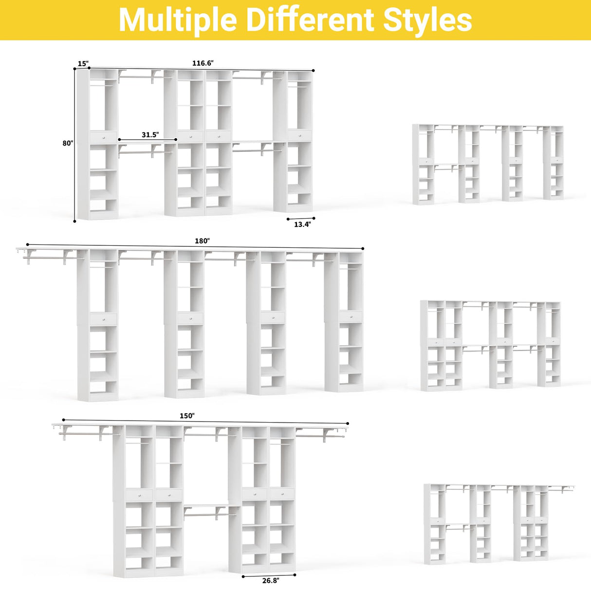 Unikito 10-15FT Closet Systems, Large Wood Walk in Closet Organizer with Hanging Rods and Drawers, Heavy Duty Closets Wardrobe with Shoe Rack, Sturdy Reversible Clothes Closet Kit, White, Set of 2 Unikito