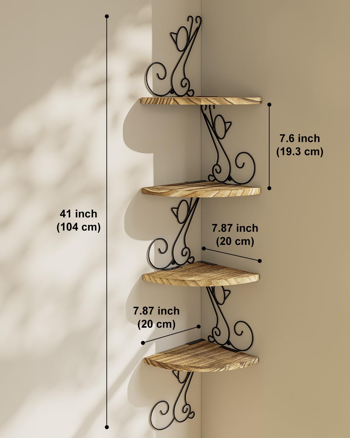 Alsonerbay Wall Mount Corner Shelves 4 Tier Floating Corner Storage Wood Shelves Decorative Rustic Radial Shelf in Cat Shape Carbonized Black Alsonerbay