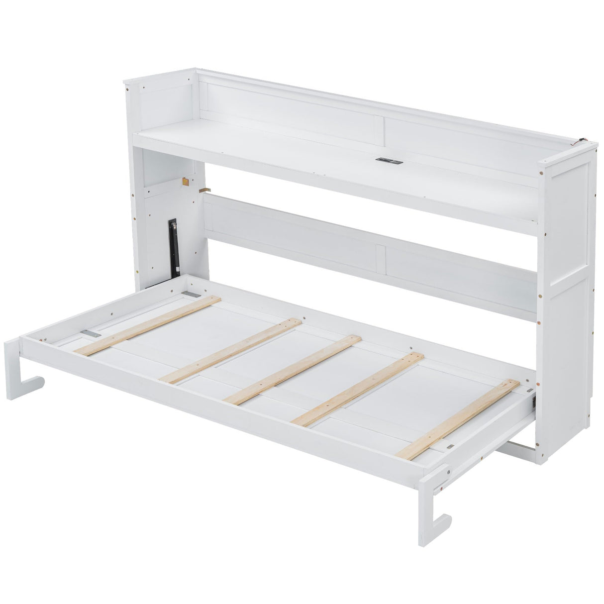 SOFTSEA Twin XL Size Horizontal Murphy Bed, Hideaway Wall Bed with Desk, Storage Shelves, LED Light & USB Ports, Space-Saving Foldable Cabinet Bed Frame for Guest Room, Bedroom, Office, White SOFTSEA