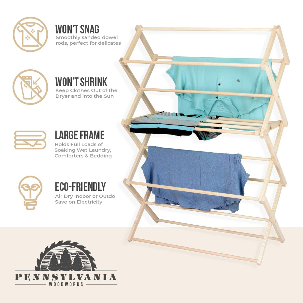 Pennsylvania Woodworks Clothes Drying Rack: Solid Maple Hard Wood Laundry Rack for Sweaters, Blouses, Lingerie & More, Durable Folding Drying Rack, Made in USA, No Assembly Needed, Large Pennsylvania Woodworks