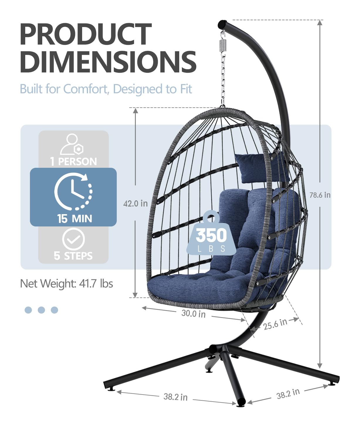 SWITTE Egg Chair Outdoor with Stand, Indoor Wicker Hanging Egg Swing Chair with Cushion, 350lbs Capacity for Patio, Bedroom, Garden - Dark Blue SWITTE