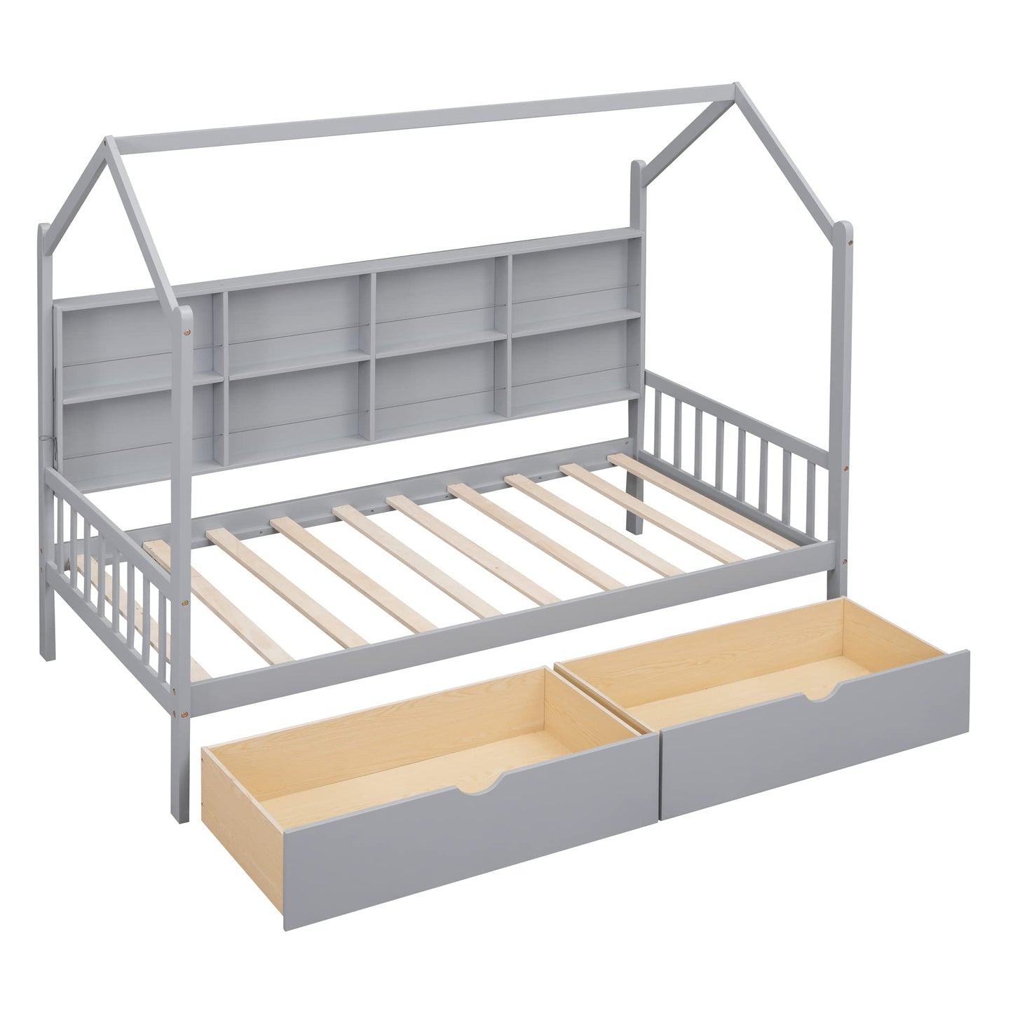 Bellemave Twin Size House Bed with Storage Drawers and Shelves - Gray Montessori Playhouse Frame for Kids - WoodArtSupply