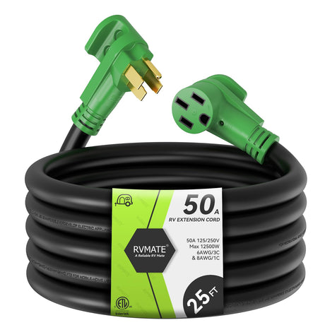 RVMATE 50 Amp 25 Feet RV/EV Extension Cord, Easy Plug in Handle, 14-50P to 14-50R with LED Indicator, ETL Listed, Come w/Storage Bag and Plastic Strap RVMATE