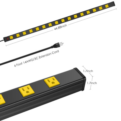 JUNNUJ Long Metal 16 Outlet Power Strip, Wide Spaced Garage Industrial Power Strip, Heavy Duty Power Strip with 6 FT Cord 15A, 125V, 1875W. Yellow - WoodArtSupply