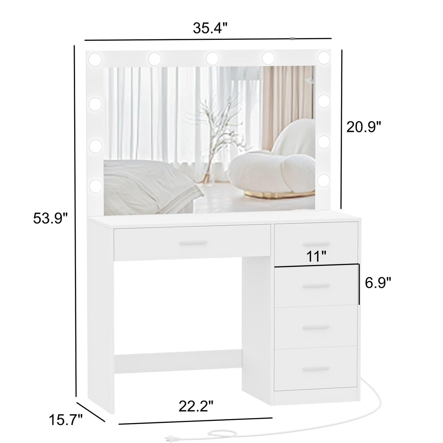 Keehusux Vanity Table with Large Mirror and 3 Color Adjustable Lights, Bedroom Makeup Vanity with Charging Station, Makeup Dressing Table with 5 Drawers for Women Girls, White KES002WSZT - WoodArtSupply