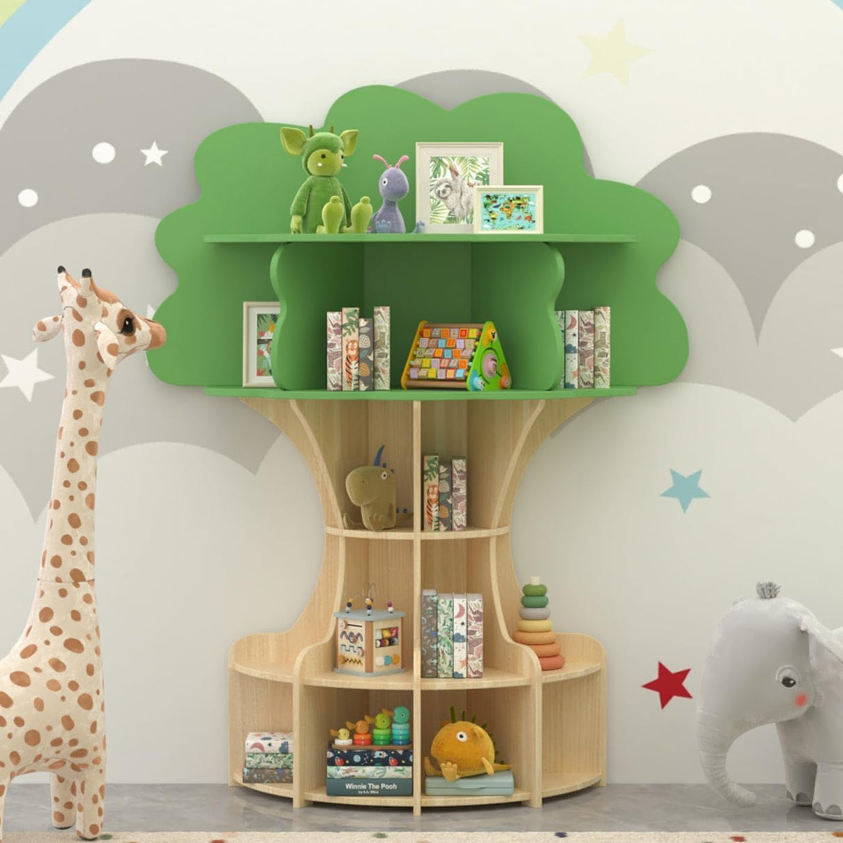 RUPOLX 5-Tier Tree Kids Bookshelf, Toddler Montessori Shelf Book Rack, Toy and Book Storage for Kids, Wooden Children's Bookcase, Toy Storage Organizer for Preschool, Kid Room, Playroom, Nursery-001 RUPOLX