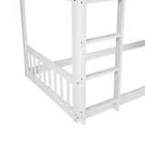 Twin Over Twin Floor Bunk Bed, Wooden Twin Loft Bed Frame with Climbing Ramp and Ladder, Heavy Duty Low Bunk Bed with Guardrail, Modern Twin Floor Bed for Teens and Adults, Space Saving, White Ziraukon