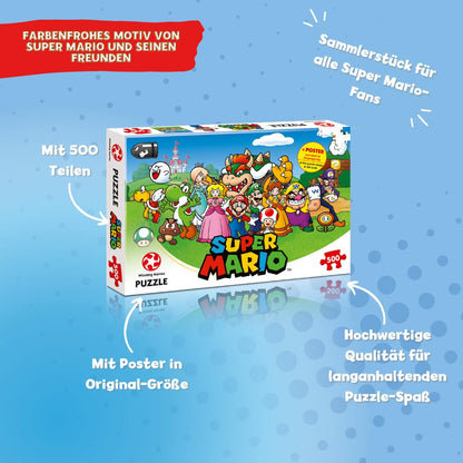 Winning Moves Super Mario and Friends 500 Piece Jigsaw Puzzle Game, Piece Together Mario, Luigi, Yoshi, Bowser and Toad, Gift and Toy for Ages 10 Plus