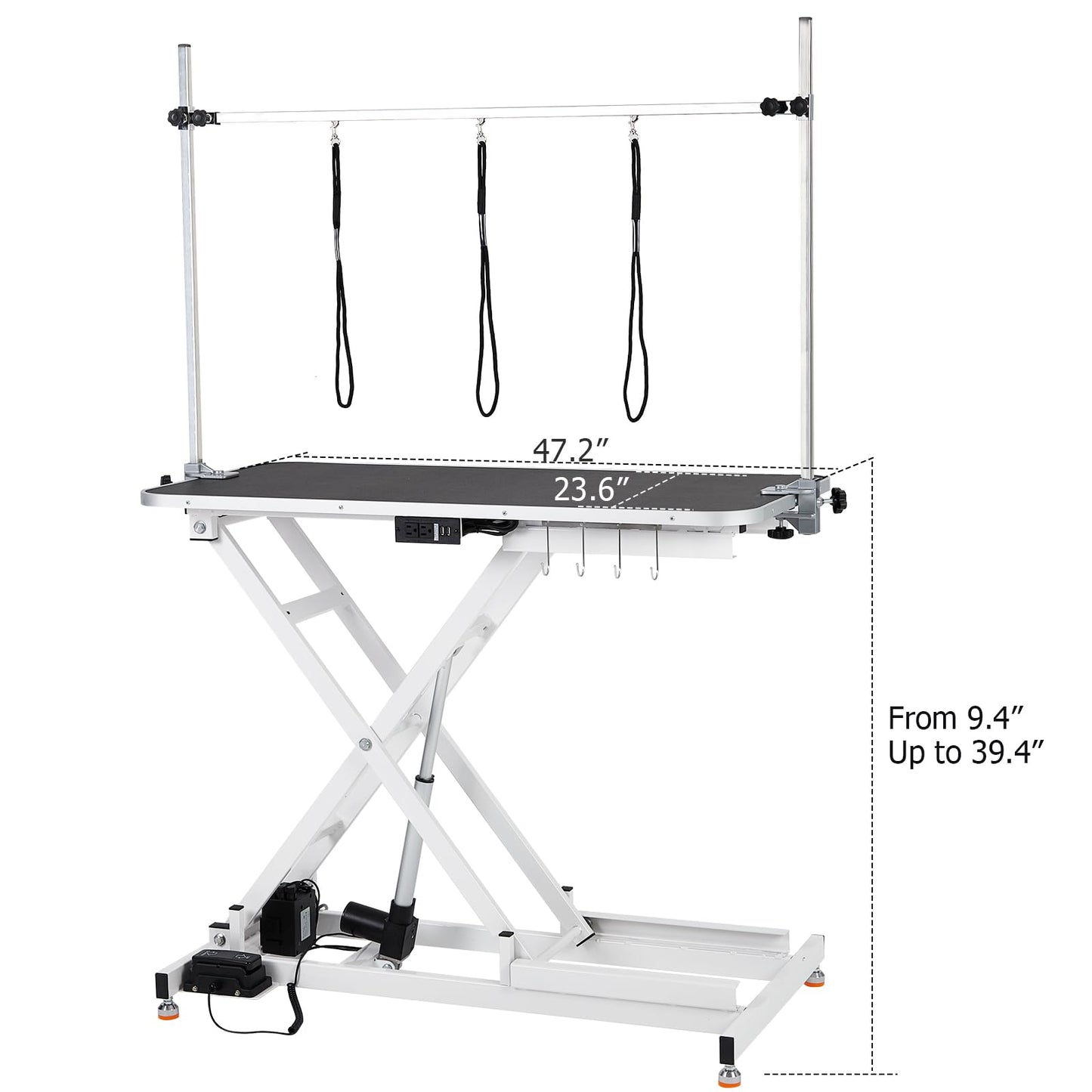 47” Electric Lift Dog Grooming Table (White), Heavy Duty Electric Grooming Arm Table for Pets & Large Dogs Adjustable Height: 9.4"-39.4" Non-slip Desktop with Gantry Crane Set, Fixture *4 Noose*2