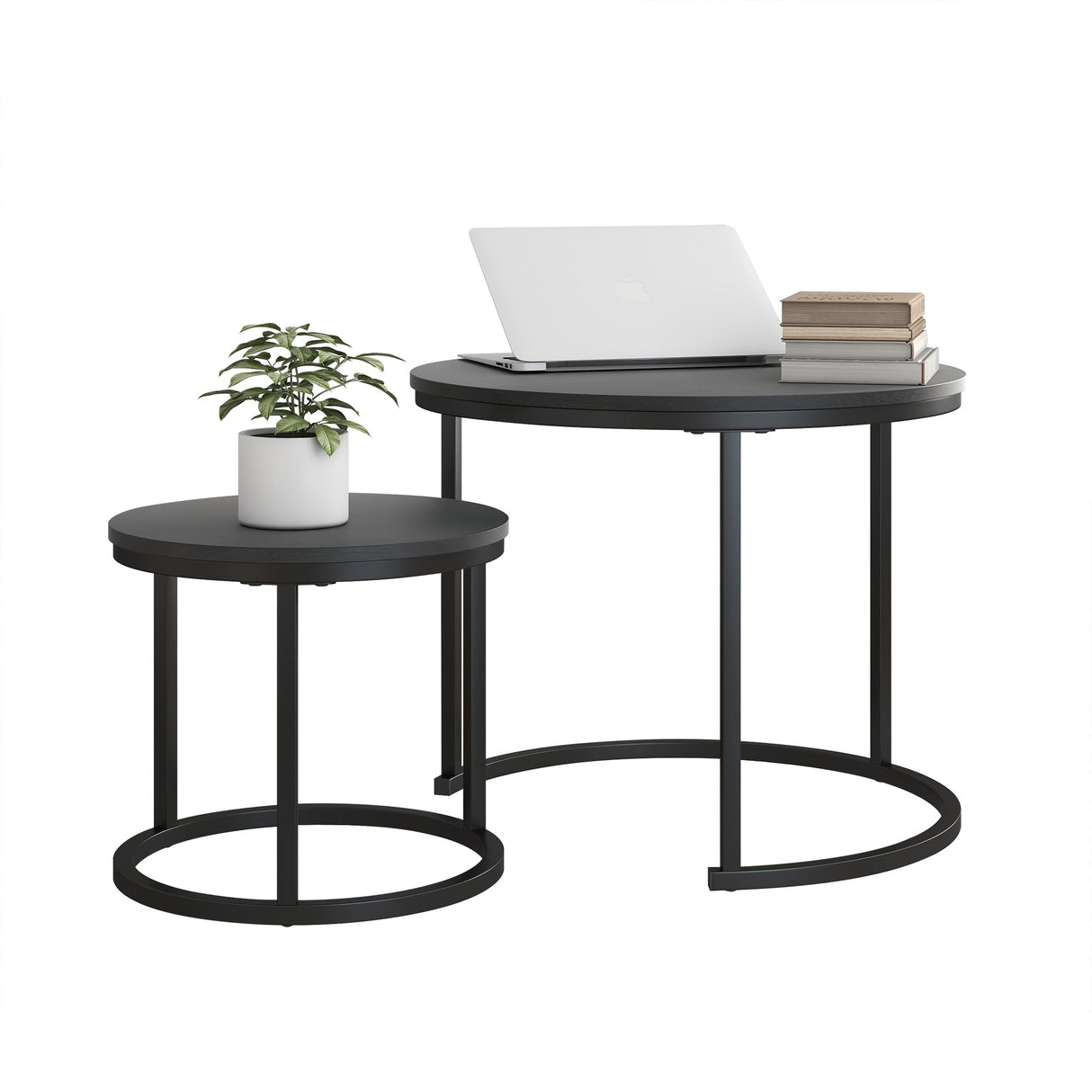 Small Coffee Table Set of 2,Round Coffee Table End Tables for Living Room,Modern Black Coffee Table Nesting Tables,Farmhouse Wood Coffee Table with Metal Frame/Easy Assembly,Stacking Side Tables HOJINLINERO
