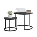 Small Coffee Table Set of 2,Round Coffee Table End Tables for Living Room,Modern Black Coffee Table Nesting Tables,Farmhouse Wood Coffee Table with Metal Frame/Easy Assembly,Stacking Side Tables HOJINLINERO