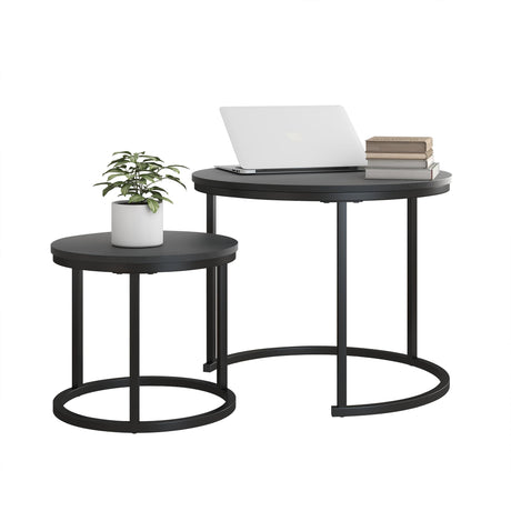 Small Coffee Table Set of 2,Round Coffee Table End Tables for Living Room,Modern Black Coffee Table Nesting Tables,Farmhouse Wood Coffee Table with Metal Frame/Easy Assembly,Stacking Side Tables HOJINLINERO