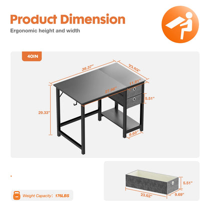 Sweetcrispy Computer Desk 40 Inch Home Office Writing Work PC Table Study Gaming 2-Tier Drawers Storage Shelf Side Headphone Hook, Modern Simple Style Small for Bedroom, Black Wood - WoodArtSupply