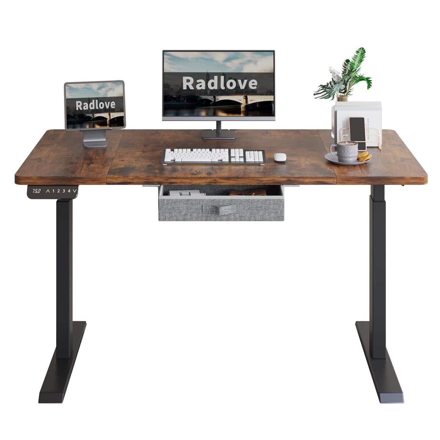 Radlove Dual Motors Height Adjustable 55 x 30'' Electric Standing Desk with Drawer Stand Up Table 4 Memory Keys, Computer Desk with Splice Board Home Office Desk, Rustic Brown Top + Black Fra - WoodArtSupply