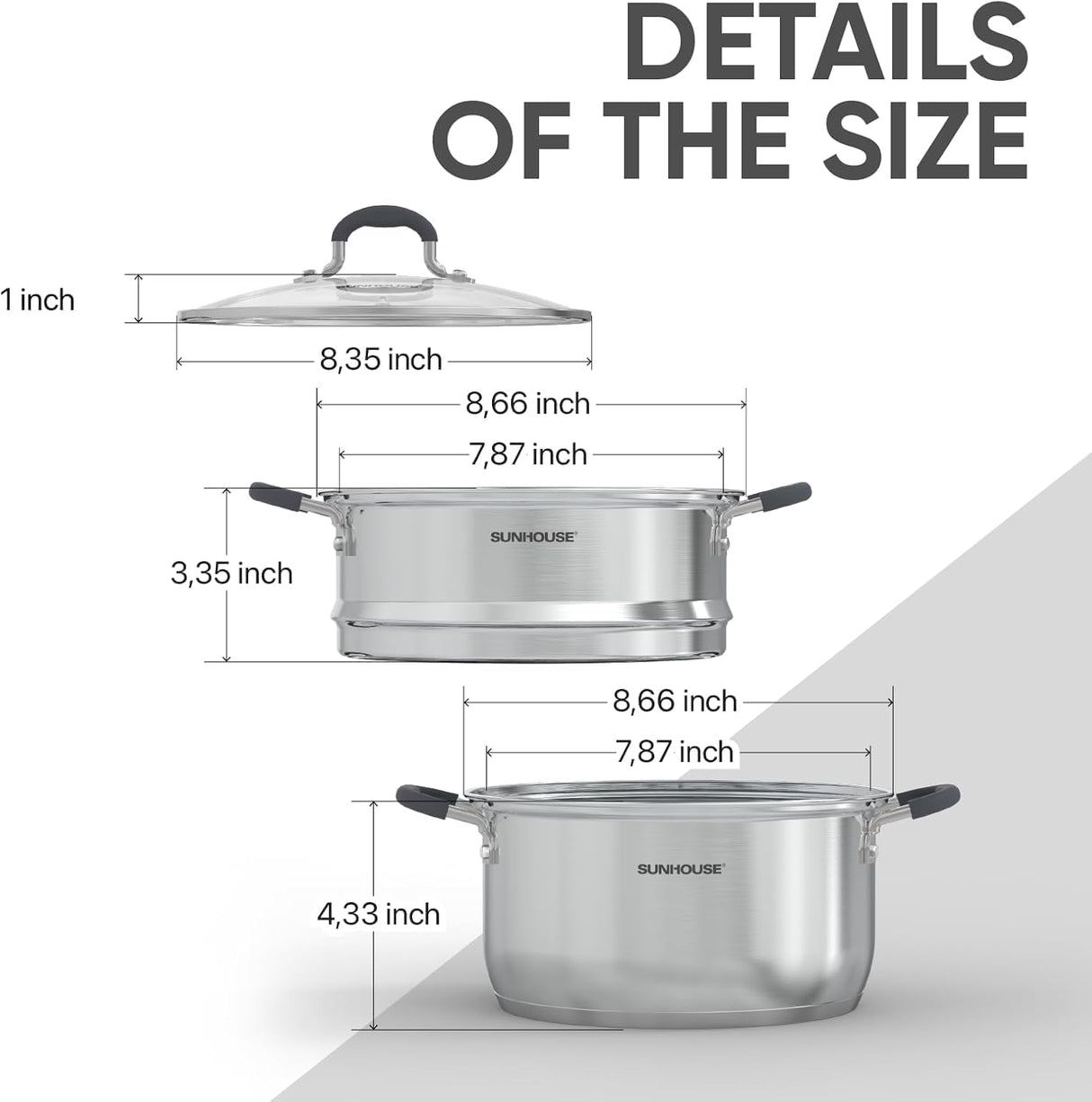 SUNHOUSE - 3.3 Quarts Steamer Pots With Lid 2-Tier Multipurpose Stainless Steel Steaming Pot Cookware For Vegetable, Dumpling, Sauce, Food - Triple Bottom, Measurement Line Sunhouse