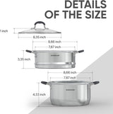 SUNHOUSE - 3.3 Quarts Steamer Pots With Lid 2-Tier Multipurpose Stainless Steel Steaming Pot Cookware For Vegetable, Dumpling, Sauce, Food - Triple Bottom, Measurement Line Sunhouse