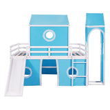 Harper & Bright Designs Blue Full Size Loft Bed with Slide, Curtains, and Tower - Solid Wood Low Loft Frame for Kids Harper & Bright Designs