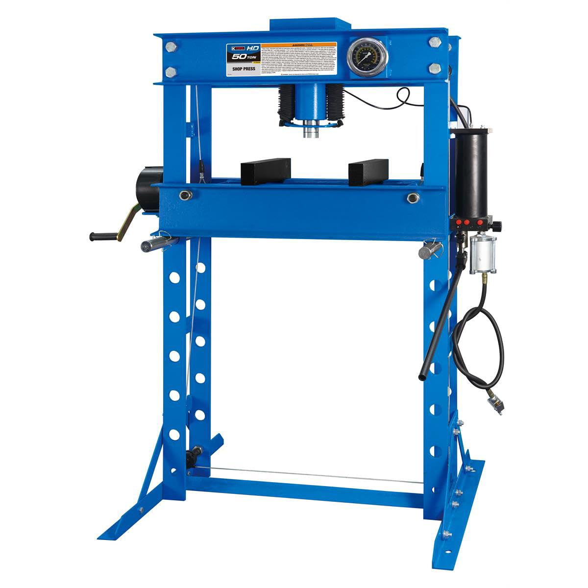 K Tool International HD63650 50 Ton Air/Hydraulic Shop Press, 7.5" Ram Stroke, Minimum 6.6" and Maximum 34.2" Working Range, Double Speed Pump, Self-Locking Hand Winch, Anti-Shock Pressure Ga - WoodArtSupply