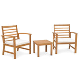 Tangkula 3 Pieces Outdoor Furniture Set, Acacia Wood Conversation Set with Soft Seat Cushions, Stable Acacia Wood Frame, Patio Sofa & Coffee Table Set for Backyard, Porch, Poolside (White) Tangkula