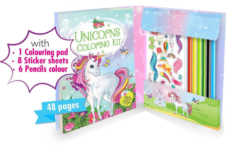 FIRSTJIGGLE First Jiggle Unicorn Colouring Kit for Kids | 48 Pages Coloring Book with 8 Sticker Sheets & 6 Full-Size Color Pencils | Hardbound Art Set for Ages 5+ FIRSTJIGGLE