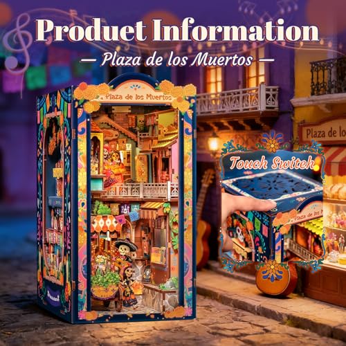 Fsolis Book Nook Kit Día De Muertos - 3D Wooden Puzzles for Adults DIY Miniature House Bookshelf Decor Decorative Bookends Gifts for Women Book Lovers (Plaza de Los Muertos)